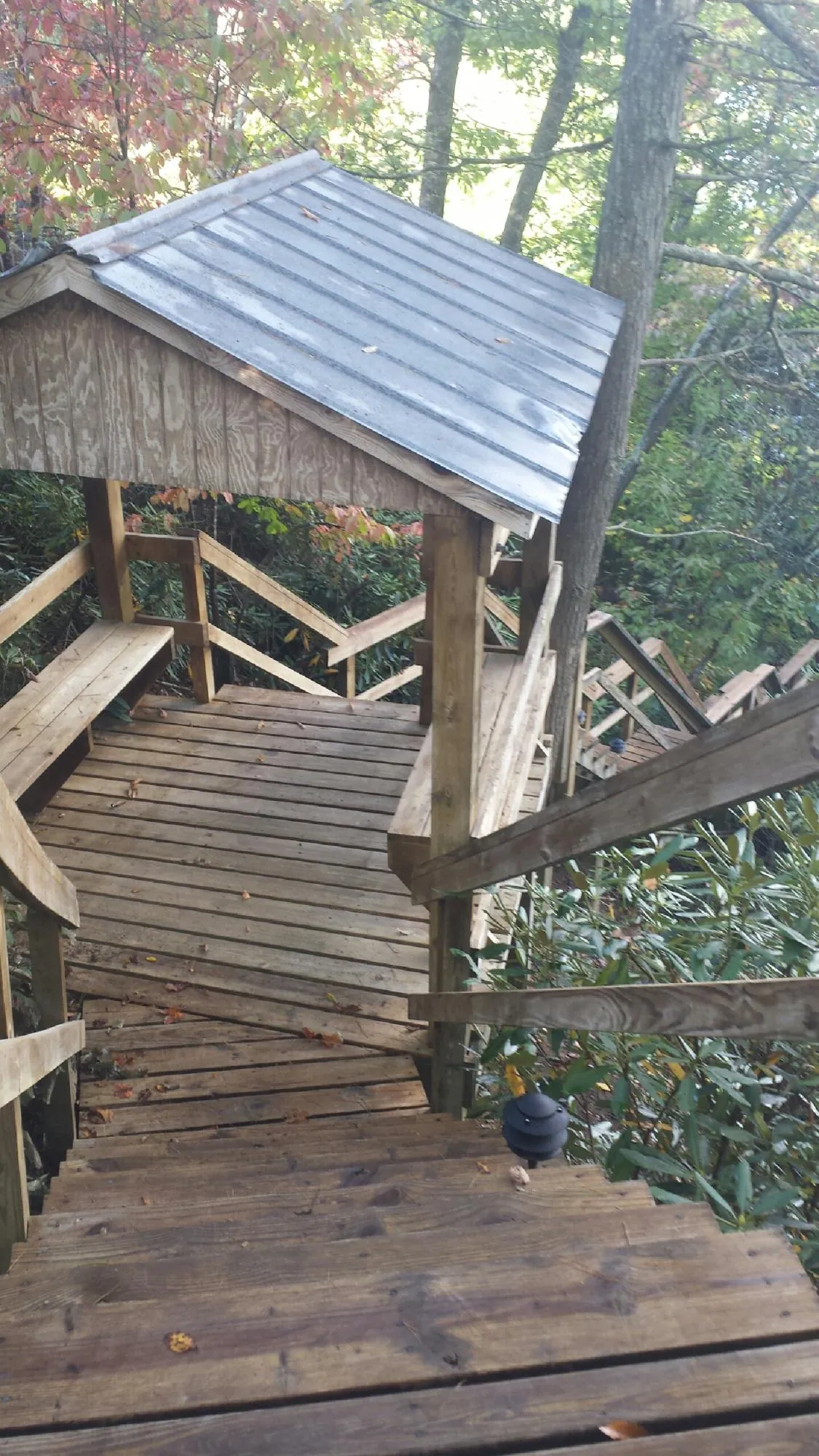 Metal roofed shelter over wooden steps on a wooded walkway — Skylight Repair & Installation work by our crew in Eufaula